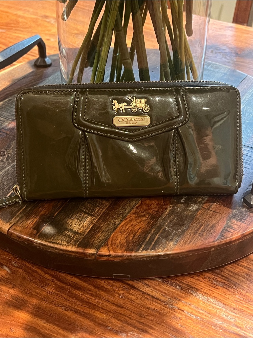 Coach Olive Green Patent Leather Zip Wallet with Gold Emblem